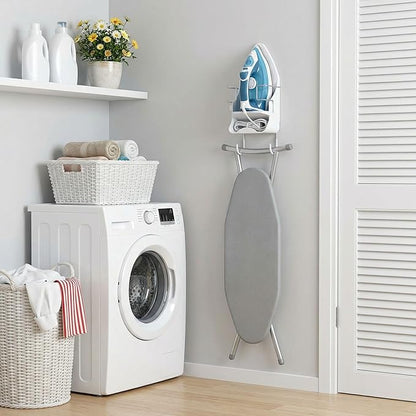 Wall Mount Iron Board Hanger and Ironing Board Storage Organizer Shelf With Removable Hooks for Household Bathroom Laundry Room (White)