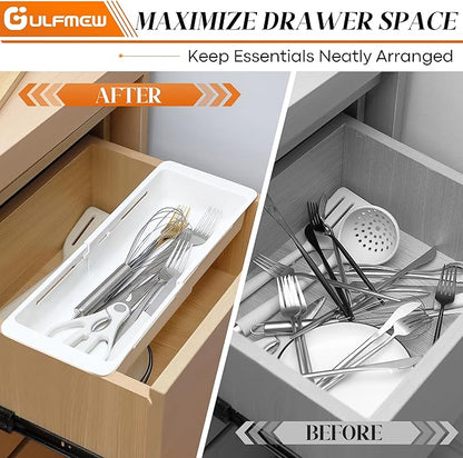 2 Pack Deep Drawer Organizer Bins, Sliding Drawer Organizer Bin Expandable and Adjustable Tray for Kitchen Utensils, BBQ Tools, Towels, Durable Plastic Sliding for Easy Storage(12.4-17.7")