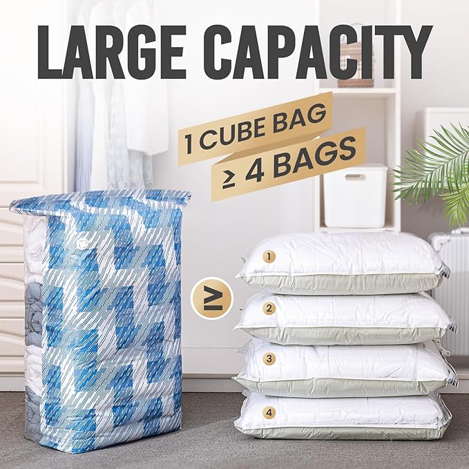TAILI Vacuum Storage Bags 4 Pack, Jumbo Cube (31x40x15 Inch), Vacuum Seal Bags for Beddings, Comforters, Pillows, Clothes, Space Saving for Closet and Home Storage, Blue Coastline