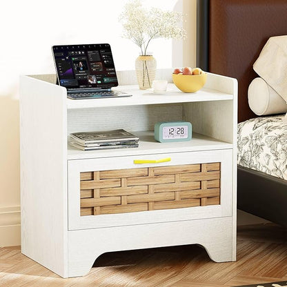 HOCAT 24" Rattan Nightstand with Storage Drawer, White Bedside Table with Semi Open Cubby, Boho Night Stand with Farmhouse Arched Base for Bedroom, Side Table, End Table for Dorm