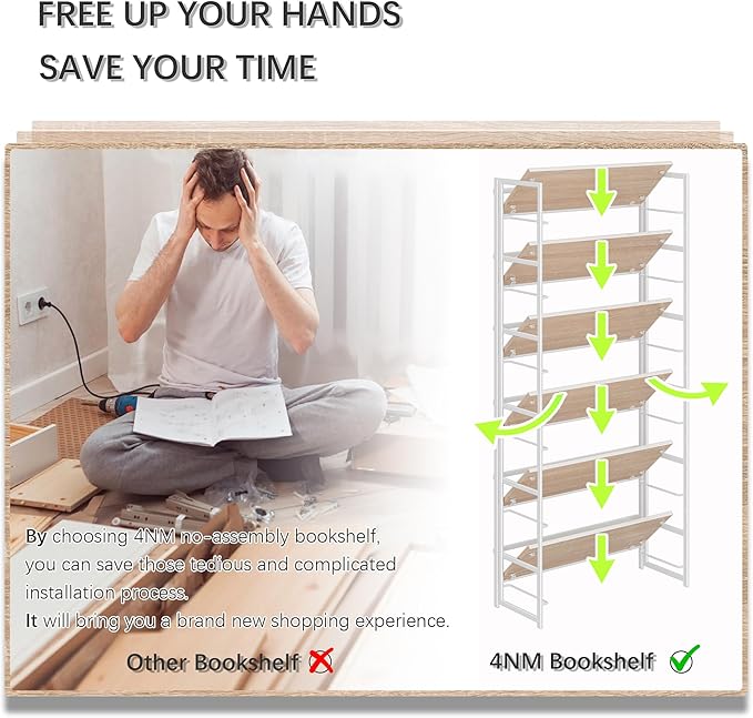 4NM No Assembly 6 Tiers Collapsible Book Shelves, 61.8" H Folding Bookshelf Bookcase Open Industrial Foldable Shelves for Bedroom, Living Room, Home Office - Natural White
