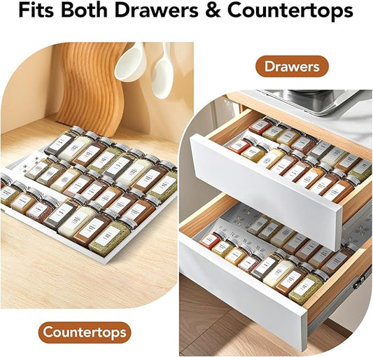 Idcymoul Spice Drawer Organizer 3-Tier Expandable (11"-22" Wide), Spice Rack for Cabinet with Funnel & Spice Labels, Fits Large Jars, Seasoning Storage Insert Design for Cabinet & Drawer (White)