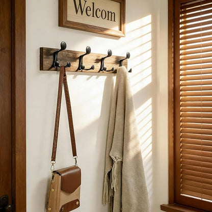 SKOLOO 24-Inch Wood Burnt Coat Rack Wall Mount with 4 Triple Hooks - Ideal for Family Entrances, Classrooms, and Pet Supplies Storage - Perfect Coat Hooks for Wall