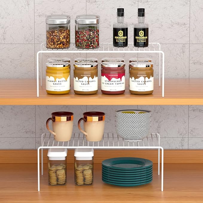 iPEGTOP Set of 2 Kitchen Cabinet Shelf Organizer, Medium (13 x 9.4 Inch) Bathroom Cabinet Organization Wire Shelf Rack, Rustproof Storage Space Saver Shelves for Countertops Pantries Utensils -White