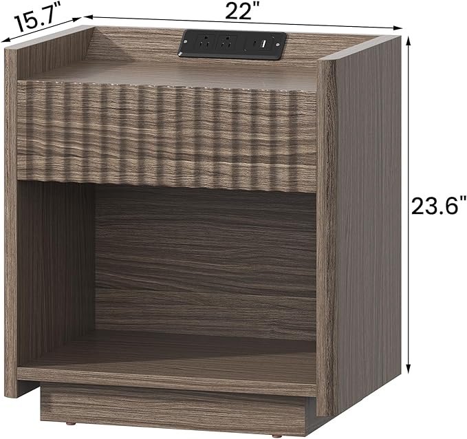 Bigbiglife Fluted Nightstand Set of 2 with Charging Station, 22" Modern Side Table with Drawer End Table with Open Storage, Bedside Table for Bedroom, Living Room, Natural Oak (2, Dark Walnut)