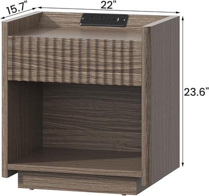 Bigbiglife Fluted Nightstand Set of 2 with Charging Station, 22" Modern Side Table with Drawer End Table with Open Storage, Bedside Table for Bedroom, Living Room, Natural Oak (2, Dark Walnut)