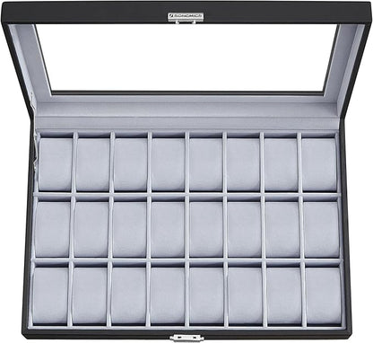 SONGMICS 24-Slot Watch Box, Lockable Watch Storage Case with Glass Lid, Gift Idea, Ink Black Synthetic Leather, Dove Gray Lining UJWB024