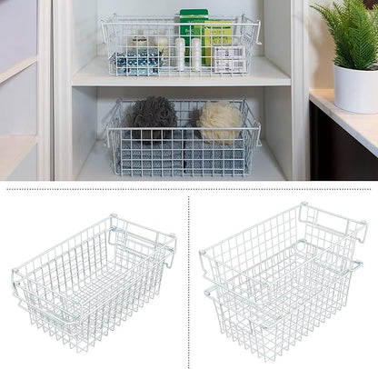 Home-Complete 2 pcs 16"x9" Medium Stackable Wire Baskets, Organizer Stacking Storage Bins for Shelf, Pantry, Kitchen, Cabinets, can also be used in Chest Freezers (White)
