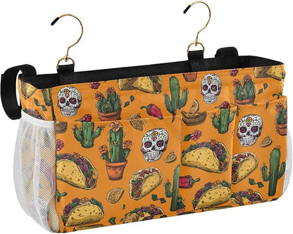 CuwrYet Bedside Caddy Hanging Bunk Bed Caddy Bed Organizer Hanging Pocket with 2 Hooks Bedside Storage Organizer Pocket Bag Holder Orange Mexico Tacos Chilis Skulls