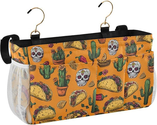 CuwrYet Bedside Caddy Hanging Bunk Bed Caddy Bed Organizer Hanging Pocket with 2 Hooks Bedside Storage Organizer Pocket Bag Holder Orange Mexico Tacos Chilis Skulls