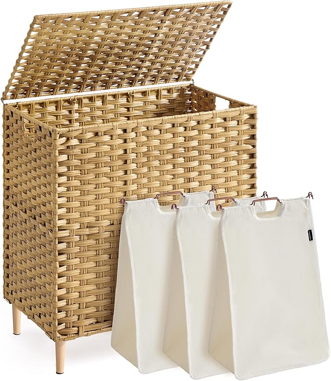 SONGMICS Laundry Hamper with Lid, PE Rattan Laundry Basket with Removable Liner, Storage Basket for Bedroom Living Room, 3-Section Sorter, 42.2 Gallons (160 L), Goose Yellow ULCB223YE01