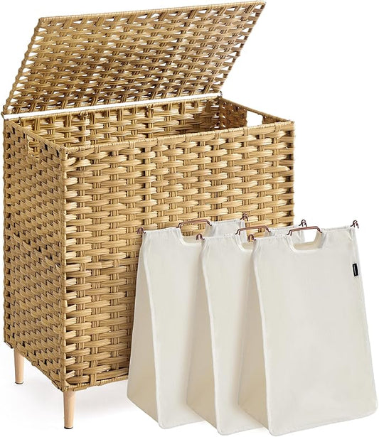 SONGMICS Laundry Hamper with Lid, PE Rattan Laundry Basket with Removable Liner, Storage Basket for Bedroom Living Room, 3-Section Sorter, 42.2 Gallons (160 L), Goose Yellow ULCB223YE01