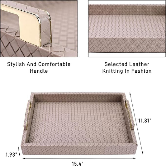 Decorative Serving Tray for Coffee Table, 16"x12" Large Rectangular Ottoman Tray with Gold Handles Faux Leather Serving Trays for Home Decor Living Room, Kitchen and Bedroom -Tan