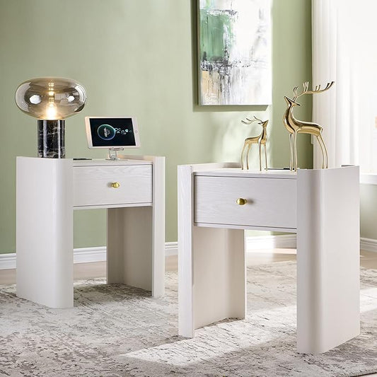 IFGET 23.6" Tall Modern Nightstand Set of 2, 22" Wide Curved Bedside Table with Charging Station, Wooden Night Stand with 1 Storage Drawer, Large End Table for Bedroom, Living Room, White