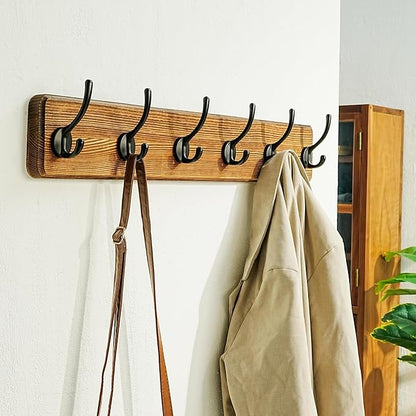 Dseap Coat Rack Wall: 24" Long, Patented, Heavy-Duty, 6-Double-Hooks Wooden Wall Mounted Coat Rack Coat Hanger Hook Rail for Winter Coats Hat Jacket Clothing, Natural & Black