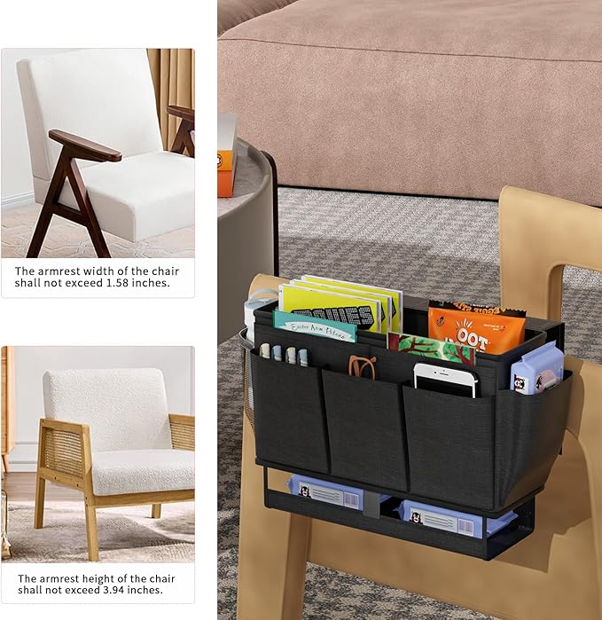 Frjjthchy Bedside Caddy, Bed Organizer with 11 Pockets and Power Strip Holder,Versatile Bedside Storage Caddy for Home,Dorm,Bunk,Hospital,Crib Bed (Black)