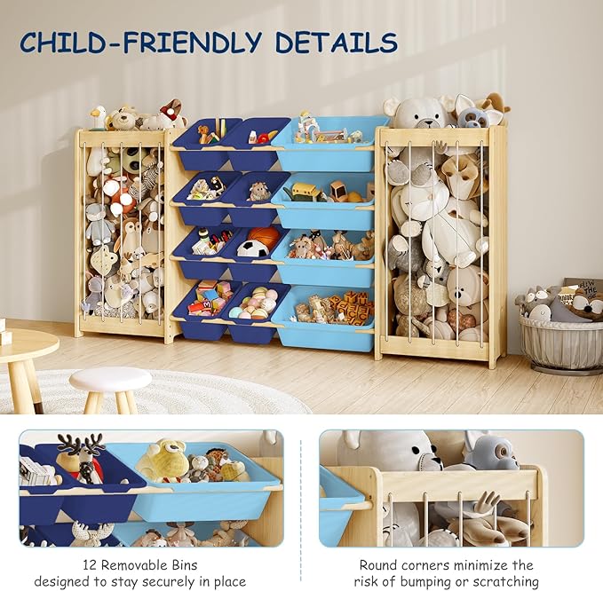 Large Toy Storage Organizer, Wooden Stuffed Animal Storage & 12-Bins Toy Organizer, Double-Sided Plush Toy Holder Featuring Thicker Ropes, Space Save Playroom Nursery Bedroom Storage, Blue