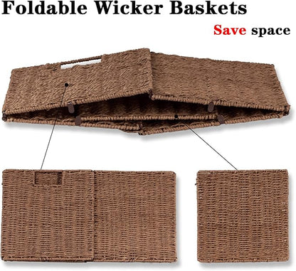 Vagusicc Wicker Storage Basket, Set of 2 Hand-Woven Storage Baskets for Shelves with Handles, Foldable Cube Storage Baskets Bins Organizer, 13 inch Large Wicker Baskets for Pantry Bedroom Decor, Brown