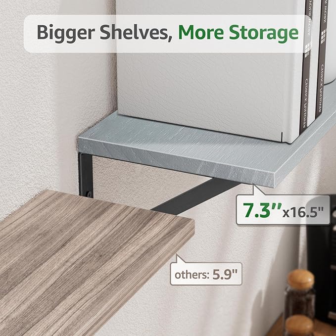 Wall Shelves 7.3" Deep Set of 4, Solid Paulownia Wood Wider Longer Sturdy Easy to Install Wall Mounted Bookshelves Storage Shelves Bathroom Home Office Laundry Room Bedroom Organizer Gray