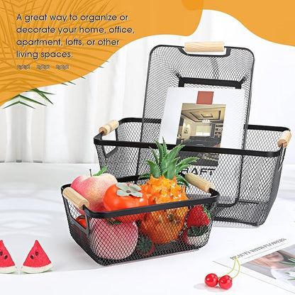 Maxcheck 6 Pack 3 Size Metal Wire Baskets with Wooden Handles Black Steel Mesh Storage Dog Toys Bins Organizer Containers for Home Pet Toys Storage Cabinets Pantry Closet Kitchen Makeup Rectangle