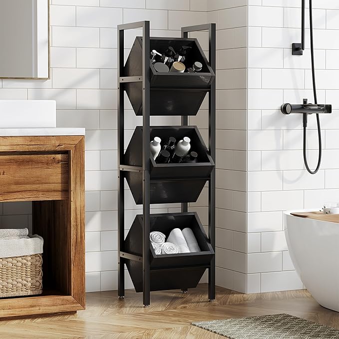 LITTLE TREE 3-Tier Basket Stand, Rustic Standing Organizer Storage Rack, Wooden Floor Stand Shelving Unit for Kitchen, Bathroom, Living Room (2, Black)