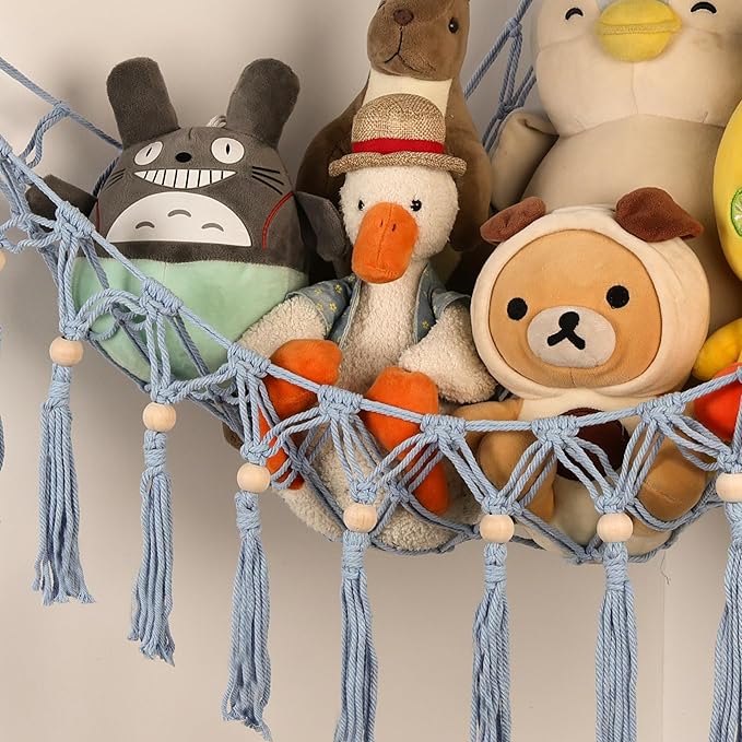 Stuffed Animal Toy Storage Hammock with LED Light-Macrame Jumbo Doll Room Organizer Mesh Decoration-Hanging Storage Nets Kids Bedroom(Blue Beads)