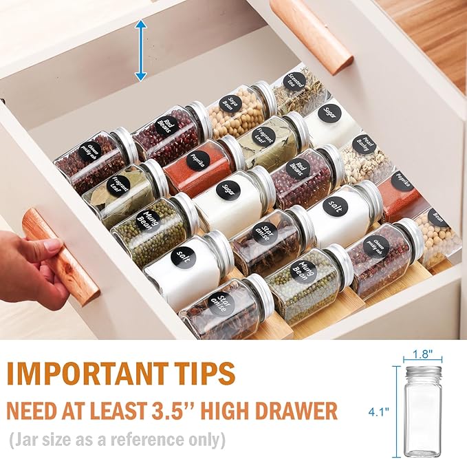 DEWVIE Bamboo Spice Drawer Organizer, 4 Tier In Drawer Spices Rack for Cabinet Drawer Expandable From 13" to 26", Stackable Seasoning Storage Organizer Insert