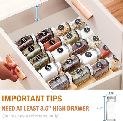 DEWVIE Bamboo Spice Drawer Organizer, 4 Tier In Drawer Spices Rack for Cabinet Drawer Expandable From 13" to 26", Stackable Seasoning Storage Organizer Insert