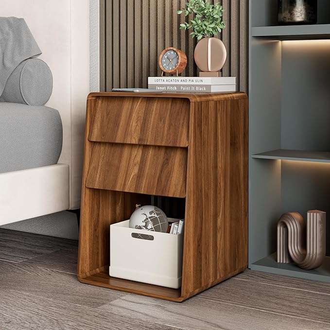 Small Nightstand Set of 2, Wood Bedside Table, Mid Century Modern Night Stand with Slanted 2 Drawers, Wooden Bed Side Table with Storage, Walnut End Table for Bedroom, Boho, Vintage