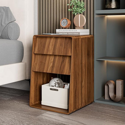 Small Nightstand Set of 2, Wood Bedside Table, Mid Century Modern Night Stand with Slanted 2 Drawers, Wooden Bed Side Table with Storage, Walnut End Table for Bedroom, Boho, Vintage