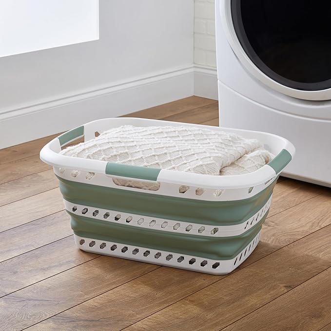 Collapsible Laundry Basket | Portable | Space Saver Storage | Hold 2 Loads | Store Under the Bed or Closet | Good for Kids | Dorm | Bedroom | Large | White/Sage