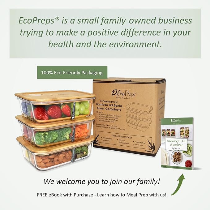 EcoPreps Glass Bento Box Containers with Bamboo Lids, 3 Compartment Glass Meal Prep Containers (3 Pack) - 100% Plastic Free, Eco-Friendly Lunch Container Set, Bamboo Lid Bento Boxes for Adults