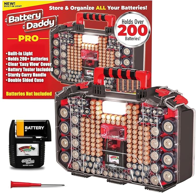 Battery Daddy Storage & Organizer Case w/Light and Tester, Stores & Protects Over 200 Batteries, Double-Sided, Clear Locking Lid, Secure Latches & Portable Handle- Black (Batteries Not Included)