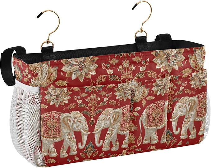 CuwrYet Bedside Caddy Hanging Bunk Bed Caddy Bed Organizer Hanging Pocket with 2 Hooks Bedside Storage Organizer Pocket Bag Holder Red Retro Elephant Flowers
