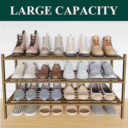 Smiry Long Bamboo Shoe Rack 3-Tier, Stackable Wooden Shoe Organizer for Entryway & Closet, Free Standing Wood Shoe Storage Shelf for Front Door & Small Spaces, Walnut