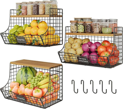 Extra Large Fruit Basket for Kitchen with Wood Lid Nameplate - Counter&Wall Mounted Onion and Potato Storage Bin, Stackable Metal Hanging Wire Baskets kitchen countertop organizer Pantry 3 Pack