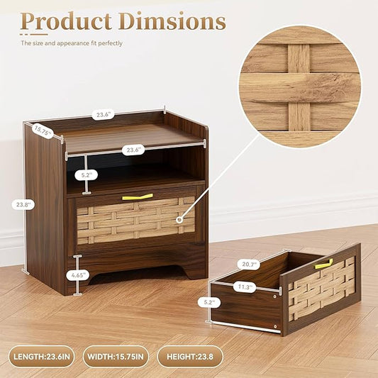 HOCAT 24" Rattan Nightstand with Storage Drawer, Walnut Bedside Table with Semi Open Cubby, Boho Night Stand with Farmhouse Arched Base for Bedroom, Side Table, End Table for Dorm