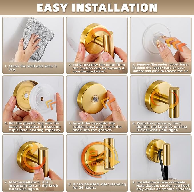 Fenas Suction Cup Hooks for Shower - Bathroom Reusable Hooks for Towels, Robes & Loofah - No-Drill Mounting on Kitchen,Walls,Metal,Glass,Mirrors,Tile & Smooth Non-Porous Surfaces (4, Brushed Gold)
