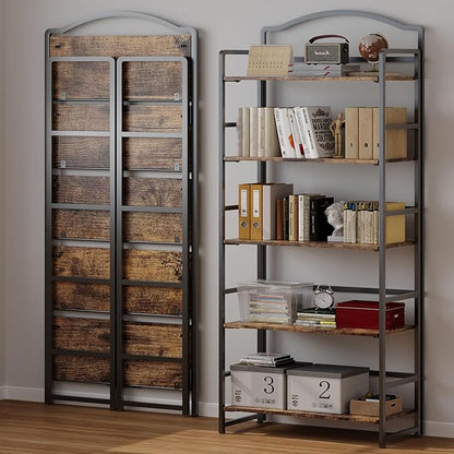 JSB No Assembly Folding Bookshelf, 5 Tier Book Shelf for Storage, Vintage Wood Foldable Bookcase for Living Room, Bedroom, Office Organization Shelves