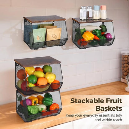 Joyibay 4 Pcs Stackable Fruit Baskets, Metal Mesh Wall Storage Baskets with Wooden Lids, Folding Wire Organizers for Kitchen Counter, Hanging Storage Containers for Snacks, Vegetables