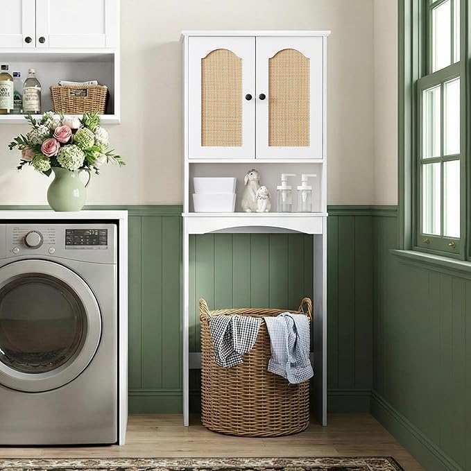 OONNEE Over The Toilet Storage Cabinet, Above Toilet Organizer with 2 Rattan Doors, Modern White Finish, 24x70 inch Space Saving Freestanding Bathroom Cabinet