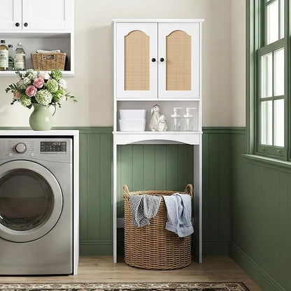 OONNEE Over The Toilet Storage Cabinet, Above Toilet Organizer with 2 Rattan Doors, Modern White Finish, 24x70 inch Space Saving Freestanding Bathroom Cabinet
