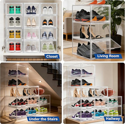 EZJOB 12 Pack Drop Front Shoe Boxes Acrylic Box Sneaker Case Size 12, Transparent Display Cases for Sneaker Collections, Baseball Caps, Hat Organizer Dust-free Shoe Cubbies Stackable Sneaker Boxes