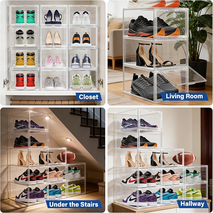 EZJOB 2 Pack Drop Front Shoe Boxes Acrylic Box Sneaker Case Size 12, Transparent Display Cases for Sneaker Collections, Baseball Caps, Hat Organizer Dust-free Shoe Cubbies Stackable Sneaker Boxes