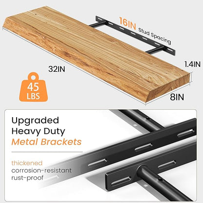 Fun Memories Floating Shelves for Wall Set of 2, Rustic Solid Elm Wood Live Edge Wall Shelves 32 Inch - Invisible Bracket Mount for Living Room, Bathroom, Bedroom, Kitchen, Natural