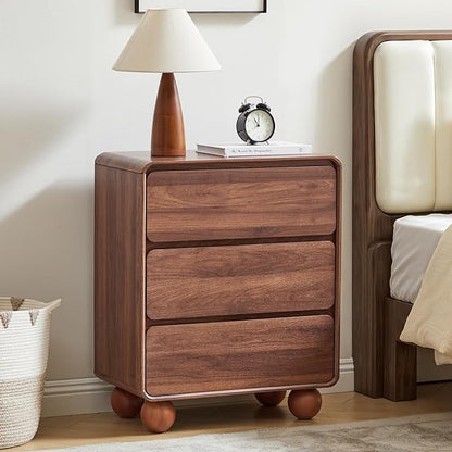AVZEAR Wooden Night Stand wth 3 Drawer Dresser Mid Century Modern End Table Chest of Drawers, Solid Wood Legs & Curved Profile Design, Farmhouse Side Table for Living Room, Walnut