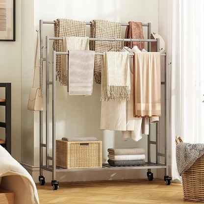 SORCEDAS Towel Rack 3 Tier Free Standing Metal Towel Stand with Storage Shelf and Wheel for Extra Large Towel Blanket Drying (Grey)