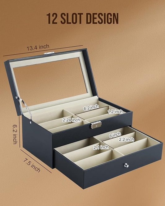Anfrere 12 Slot Sunglasses Organizer, Lockable Leather Multi Eyeglasses Organizer with Drawers, Eyeglass Frames with Clear Glass Covers for Watch Jewelry Collection, Black