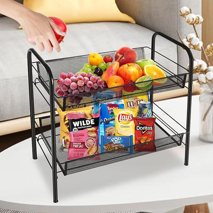 CVHOMEDECO. 2 Tier Fruit Basket Large Capacity Rectangular Metal Fruit Bowl Detachable Metal Fruit Stands Organizer for Kitchen Counter, Bread, Vegetable, Snack and Fruits. Black