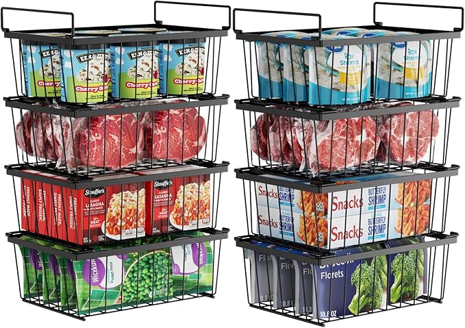 iSPECLE Chest Freezer Organizer Bins - 8 Pack Stackable Freezer Organizer for 5 to 7 Cu.Ft Freezer and Upright Freezer Over 8.5 Cu.Ft, Easy Get Food from Bottom, Add Extra Storage Space, Black